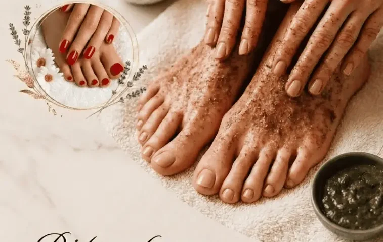 Exfoliating hands and feet in a foot care routine with manicured nails inset.