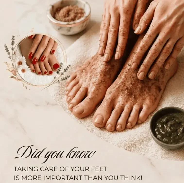 Exfoliating hands and feet in a foot care routine with manicured nails inset.