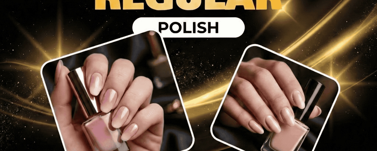 Hands holding gel and regular polish bottles against a decorative background.