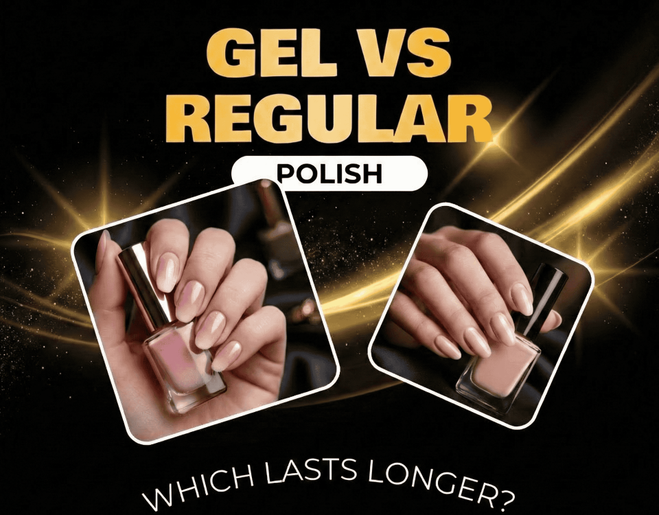 Hands holding gel and regular polish bottles against a decorative background.