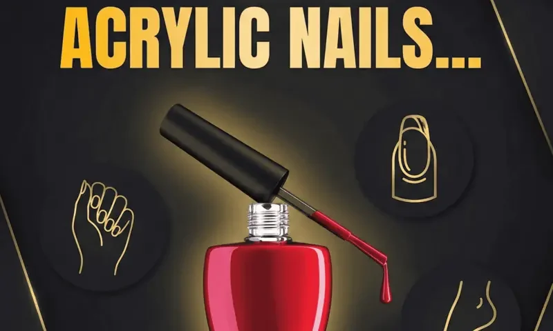 Red nail polish bottle with text about acrylic nails on dark background.