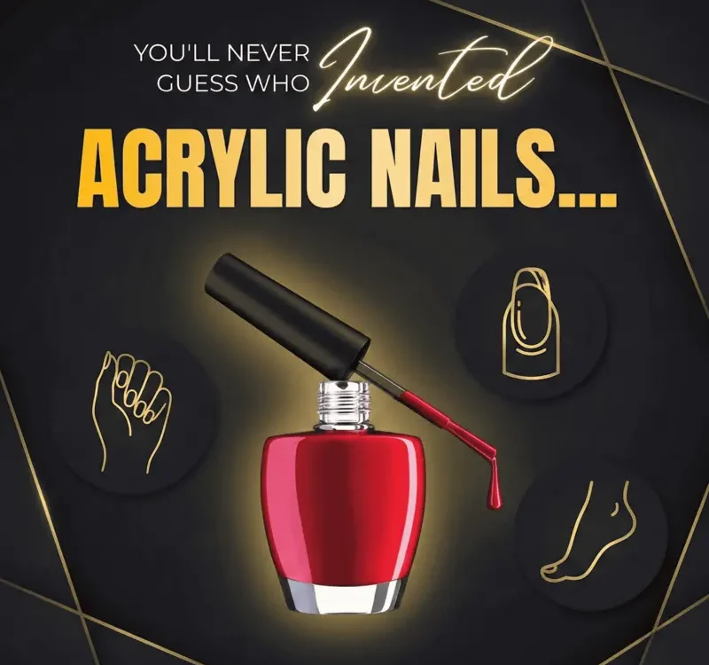 Red nail polish bottle with text about acrylic nails on dark background.