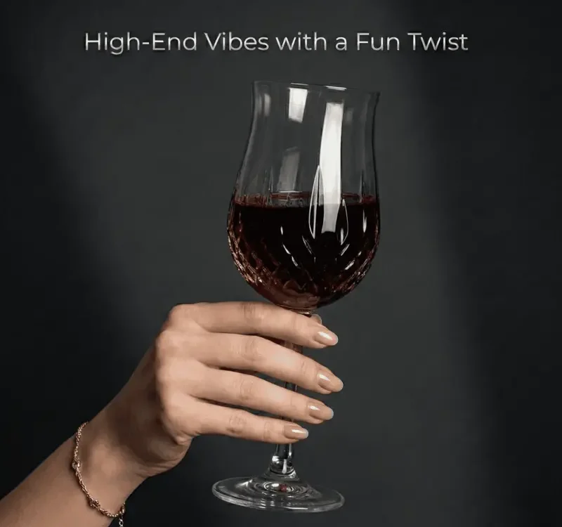 Manicured hand holding wine glass with luxury nails and bracelet.